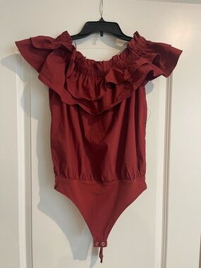 Express Rust Off-Shoulder Ruffle One-Piece Bodysuit